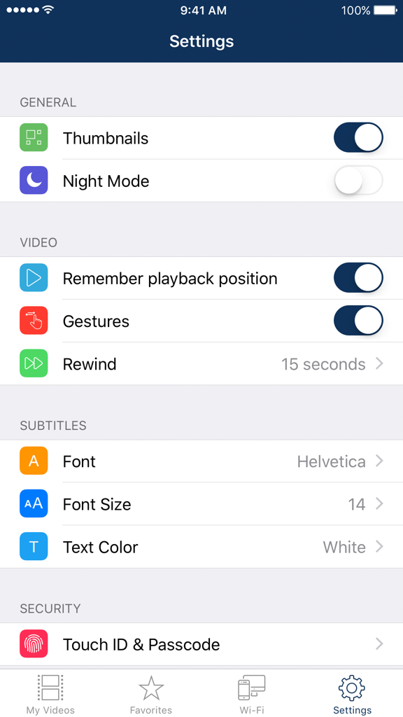 AVPlayer for iPhone - Settings screen of AVPlayer for iPhone showing options for playback, subtitles, and Touch ID security.
