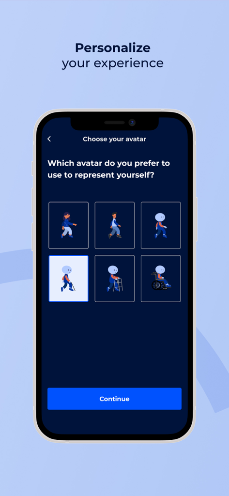 BeCare Neuro App-Bildschirm zur Auswahl eines personalisierten Avatars, der verschiedene Mobilitätsniveaus darstellt.