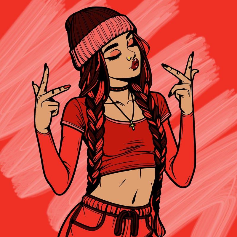 realistic teenage girl with braids and a beanie and crop top doing 🫶🏼