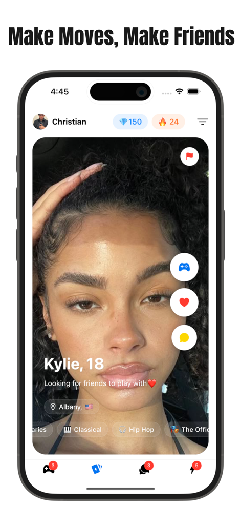 Pandu – Make Friends and Play - Pandu의 모바일 앱 인터페이스로, 게임 플레이, 좋아요, 채팅 옵션이 있는 사용자 프로필을 보여줍니다.