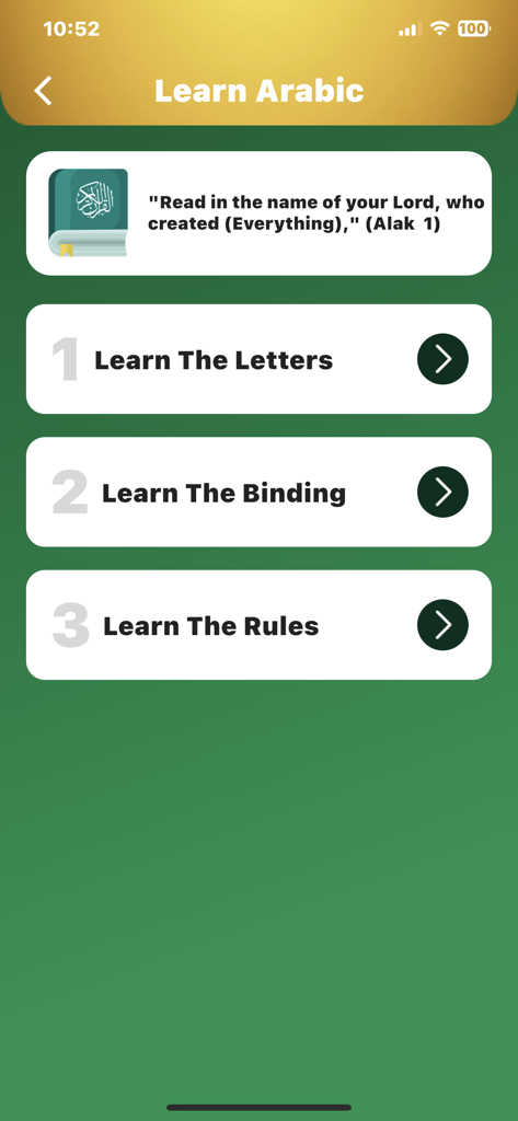 Sajud - The Learn Arabic screen of the Sajud app featuring modules for letters, binding, and rules.