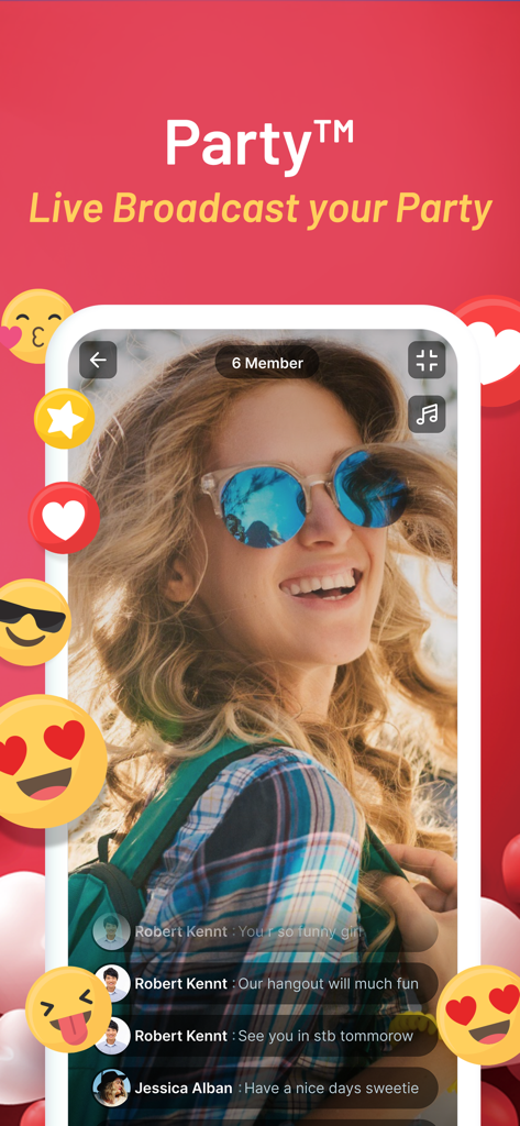 iMatch - Match, Chat, Date - A live broadcast on the iMatch app showing a woman streaming to a virtual party with social chat and emojis.