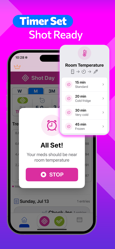 GLP 1 Tracker • Pokii - Pokii app screen showing a shot ready notification and room temperature timer options for GLP-1 medication preparation