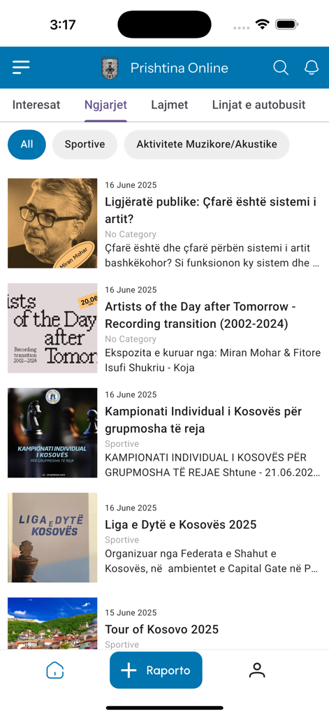 Pantalla de la app móvil PrishtinaOnline mostrando una lista de eventos locales que incluyen exposiciones de arte y torneos deportivos.