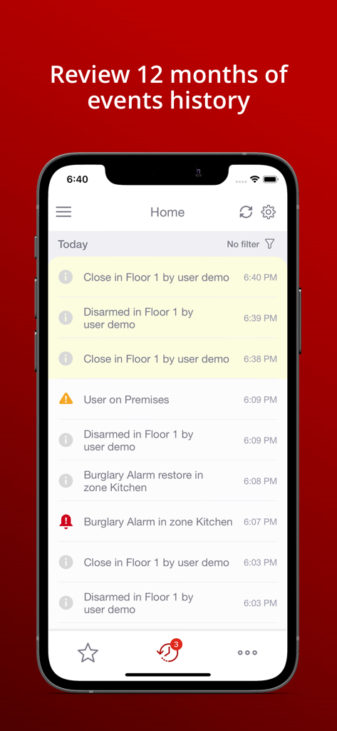 RControl - Interfaz de la aplicación móvil RControl que muestra un registro de historial de eventos de 12 meses de actividades de alarma de seguridad, incluyendo desarmado y alertas de zona