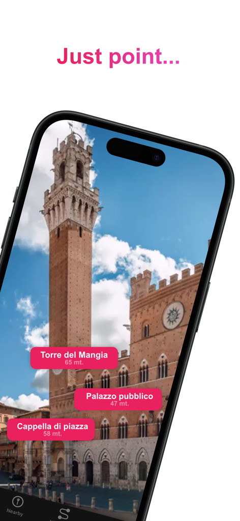 Smartphone screen displaying Tadarc app identifying historical monuments in Italy using augmented reality.