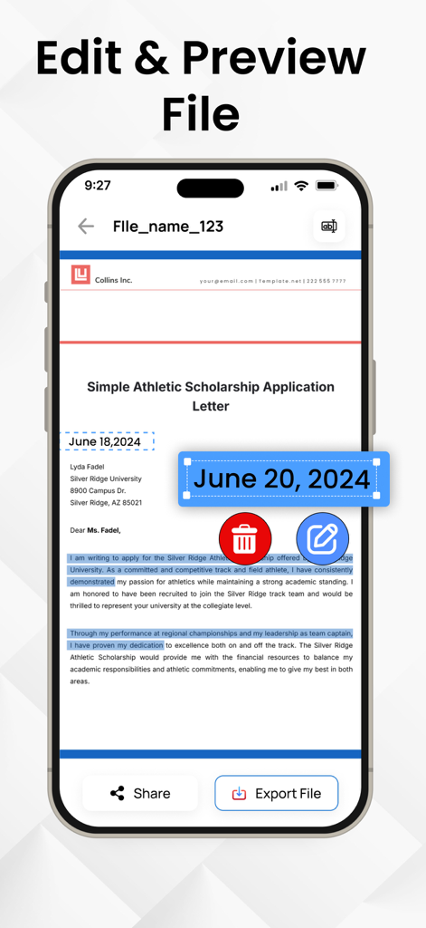 iPhone上の編集済みWord文書の編集およびプレビュー機能を示すモバイルアプリのインターフェース。