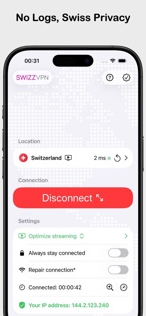 SwizzVPN: Super Fast VPN Proxy - SwizzVPN app interface on iPhone showing a secure connection to a Swiss server and privacy settings