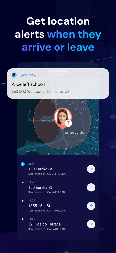 Interfaz de la aplicación Eyezy que muestra alertas de ubicación y datos de seguimiento histórico de un niño en un mapa