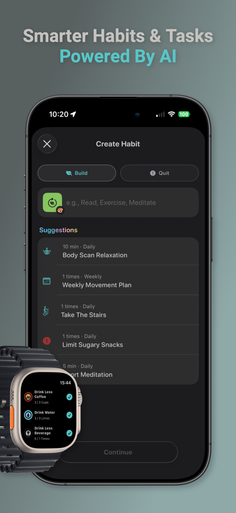 Habit Tracker - Habtik - Habtik app interface on iPhone and Apple Watch showing AI habit suggestions and tracking