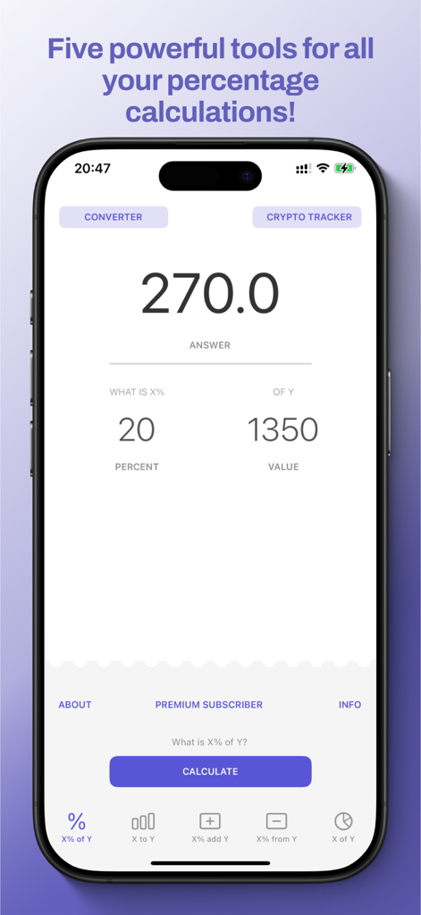 Interface of the i know percent app showing a calculation for twenty percent of thirteen hundred and fifty