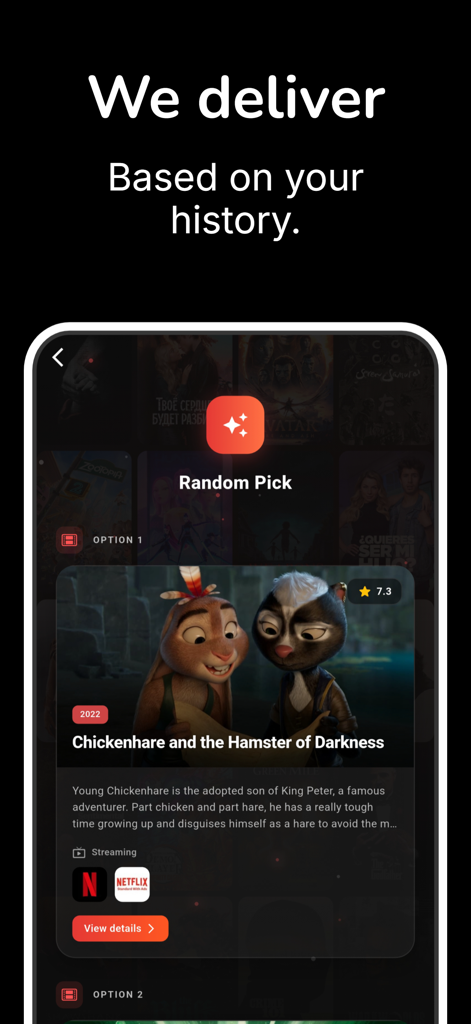 Cinefy - Where to Watch - Aplicativo Cinefy mostrando uma recomendação aleatória de filme com base no histórico de exibição do usuário