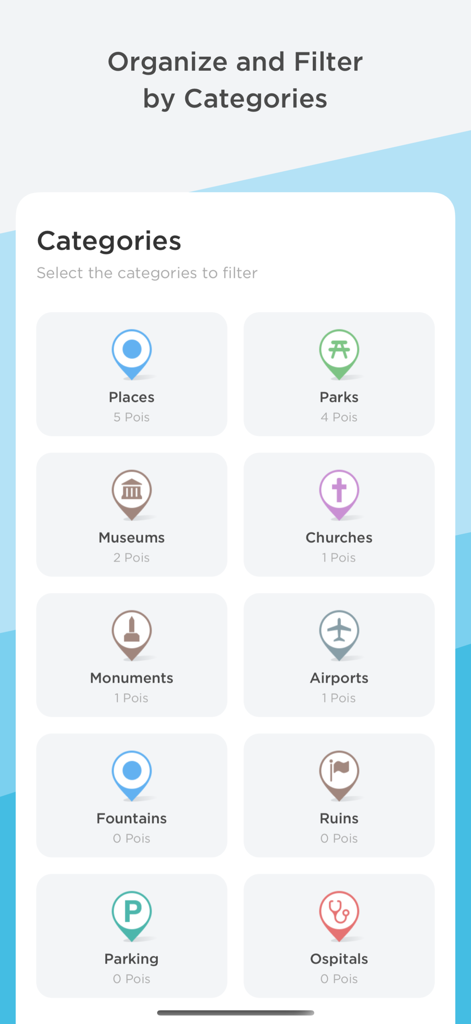 Interfaz de la aplicación PlaceMapper mostrando categorías para organizar y filtrar puntos de interés como parques, museos y monumentos