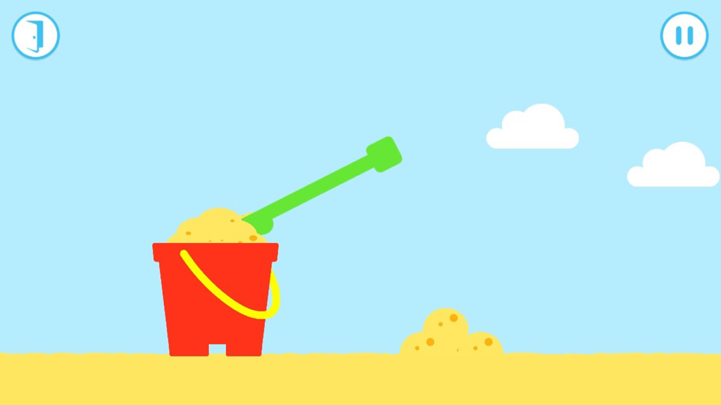 Hey Duggee: Sandcastle Badge - A red bucket being filled with sand using a green spade in the Hey Duggee Sandcastle Badge app