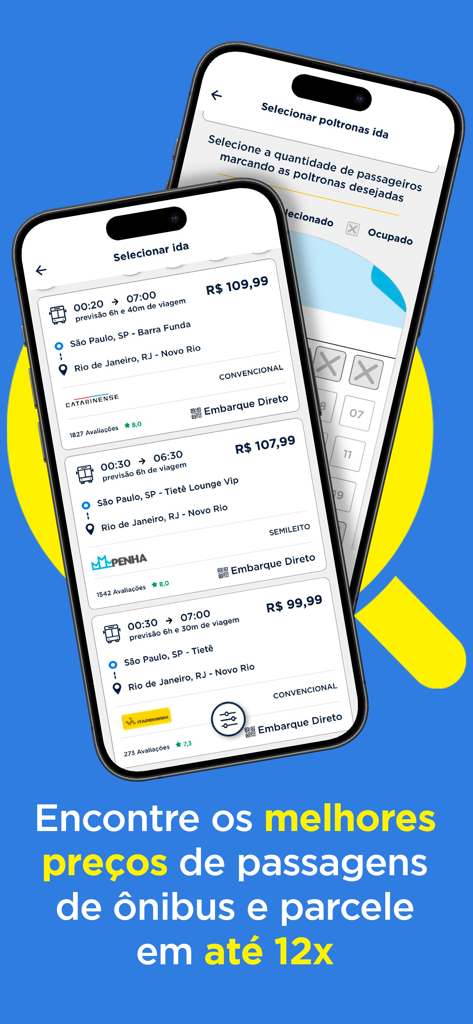 Interface de l'application Quero Passagem comparant les prix des billets de bus et la sélection des sièges pour voyager au Brésil