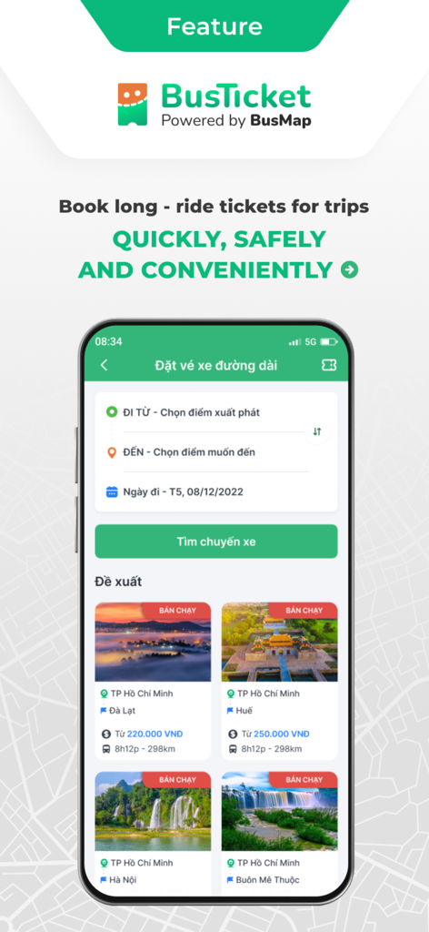 Mobile app interface for booking long distance bus tickets in Vietnam.
