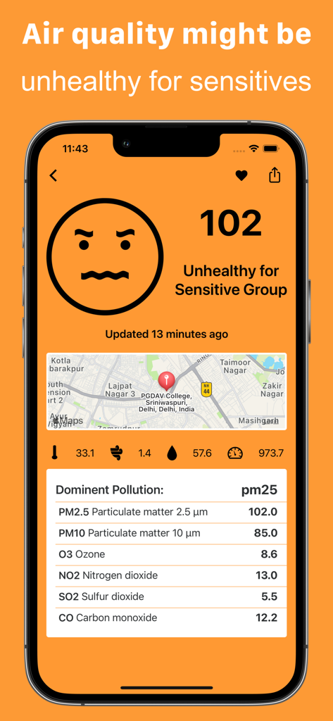 Smartphone screen showing My AQI app with unhealthy air quality index of 102 and pollutant levels