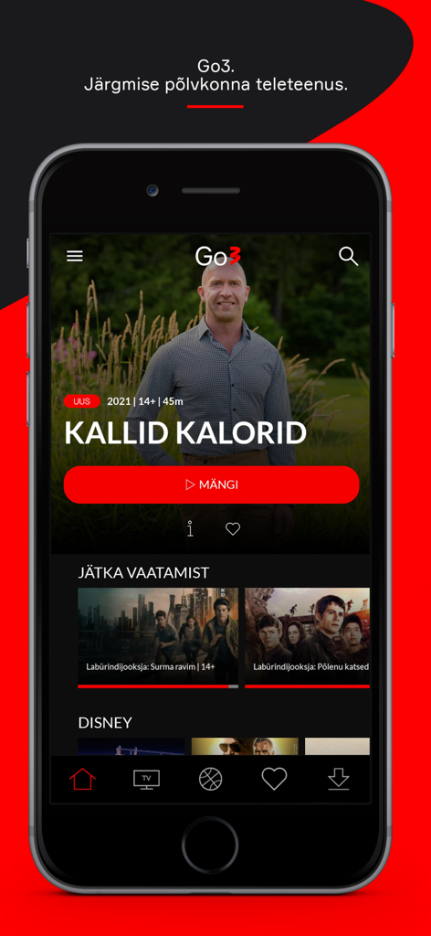 Go3 Eesti - Go3 Eesti mobile app interface on a smartphone showing Estonian TV shows and navigation menu