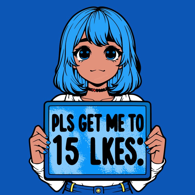 realistic girl holding up a sign that says “pls get me to 15 likes!”