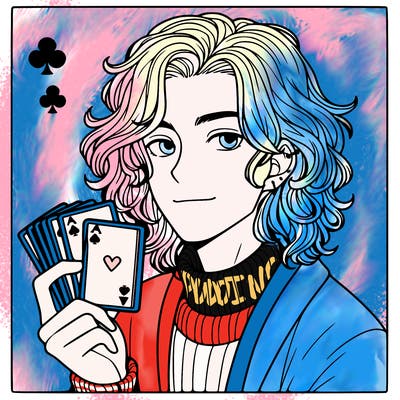 young man with shoulder length wavy hair holding playing cards