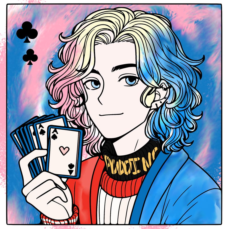 young man with shoulder length wavy hair holding playing cards
