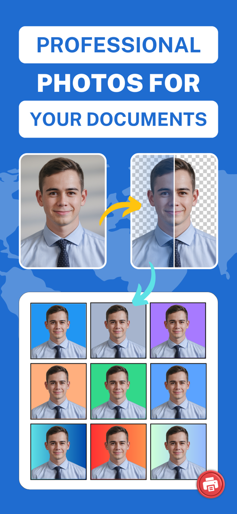 Passport Photo ID Visa Maker - Écran de l'application montrant la suppression de l'arrière-plan et plusieurs options de couleur pour des photos de documents professionnelles.