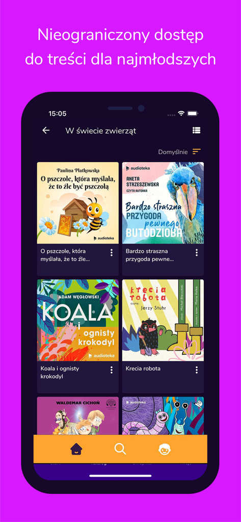 Audioteka Kids - Audioteka Kids app interface showing a colorful grid of children audiobooks and animal stories