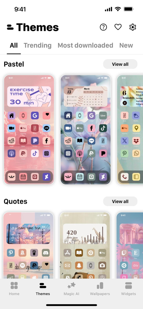 Aesthetic: App icons & Widgets - Aestheticアプリのインターフェース、iPhoneカスタマイズのためのさまざまなパステル調と引用符付きテーマのホーム画面デザインを表示しています。