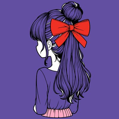 realistic girl  with hip length hair a bun and a big bow on the back of head