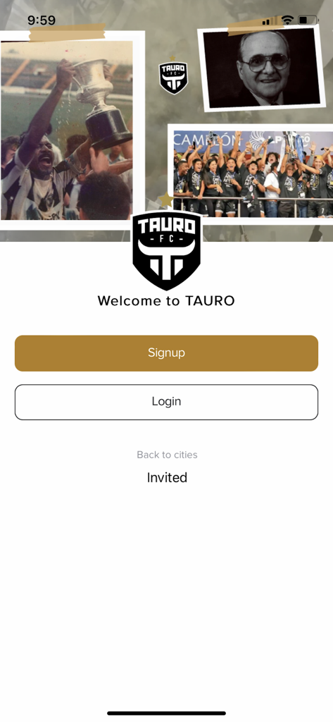 Tauro F.C. - The welcome screen of the Tauro F.C. mobile app with signup and login buttons and a collage of team history photos.