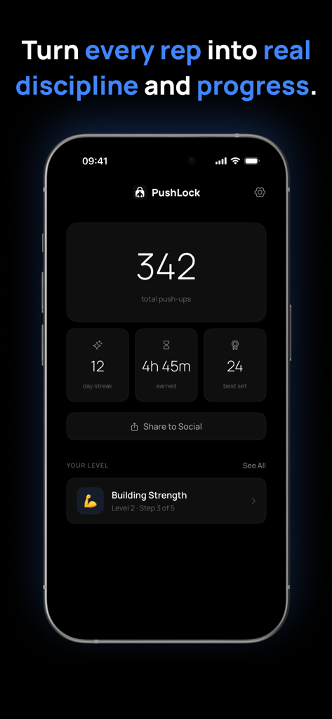 PushLock: Screen Time Control - PushLock app interface showing push-up stats and earned screen time.