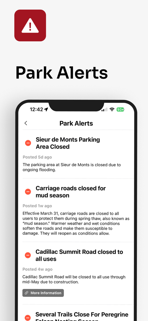 道路や駐車場の閉鎖を含むリアルタイムの国立公園アラートを表示するParkwolfアプリインターフェイス。