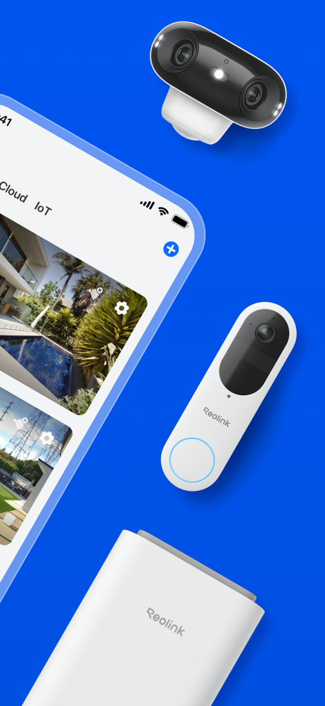 Reolink - Smartphone showing the Reolink app interface alongside a security camera and smart video doorbell.