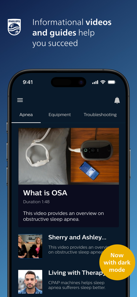 DreamMapper App-Oberfläche, die Informationsvideos und Anleitungen zur Schlafapnoe im Dark Mode anzeigt.