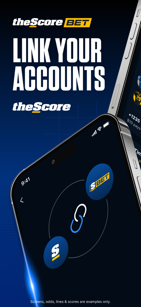 A smartphone display showcasing the feature to link theScore media account with theScore Bet for integrated sports data and wagering.