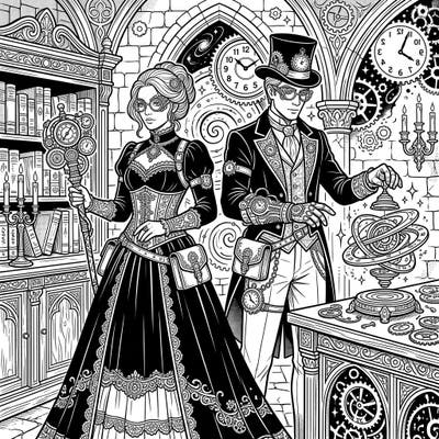 Step into a world where time travelers meet dark Victorian elegance with our Gothic Paradox Correctors coloring page. This intricate design invites you to color enigmatic figures amidst gears, clocks, and dramatic shadows, perfect for an immersive creative escape.