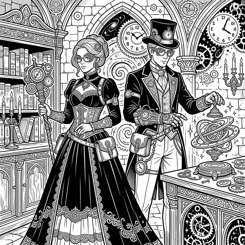 Step into a world where time travelers meet dark Victorian elegance with our Gothic Paradox Correctors coloring page. This intricate design invites you to color enigmatic figures amidst gears, clocks, and dramatic shadows, perfect for an immersive creative escape.