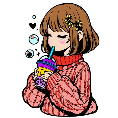 manga girl drinking boba in cozy sweater