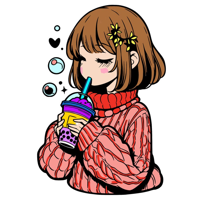 manga girl drinking boba in cozy sweater