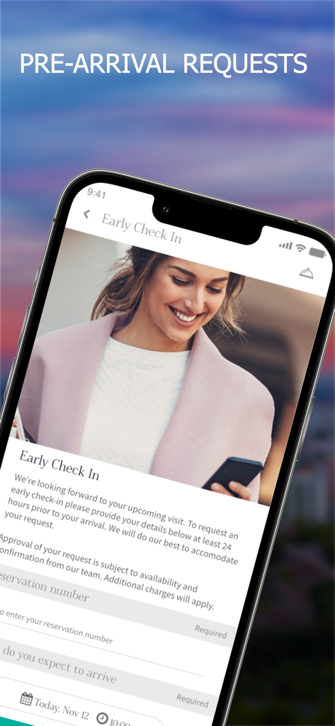 ONYX Rewards - Mobile screen showing the early check-in request feature within the ONYX Rewards app