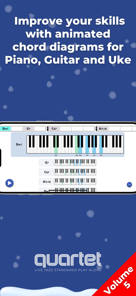 Uno schermo smartphone che mostra diagrammi di accordi di pianoforte animati per standard jazz all'interno dell'app Quartet 5 Christmas.