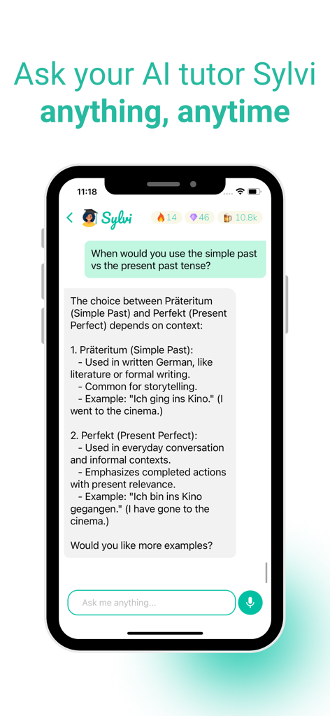 A screenshot of the Sylvi app showing an AI tutor explaining German past tense grammar in a chat interface.