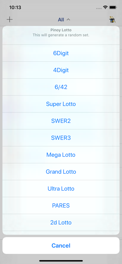 A list of Pinoy Lotto game types in the PCSO eLotto Results app for generating random number sets.