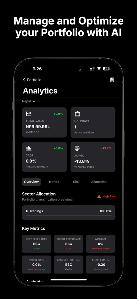 Nepsense app analytics screen showing NEPSE portfolio performance metrics and AI-driven insights