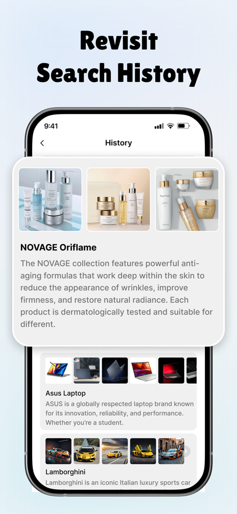 ClarityCheck - Deep Search AI - A mobile screen showing the search history feature of the ClarityCheck app with detailed product cards for skincare, laptops, and cars.
