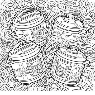 Unleash your creativity with this trendy coloring page featuring a collection of modern pressure cookers. Perfect for teens who love intricate designs and a touch of everyday tech.