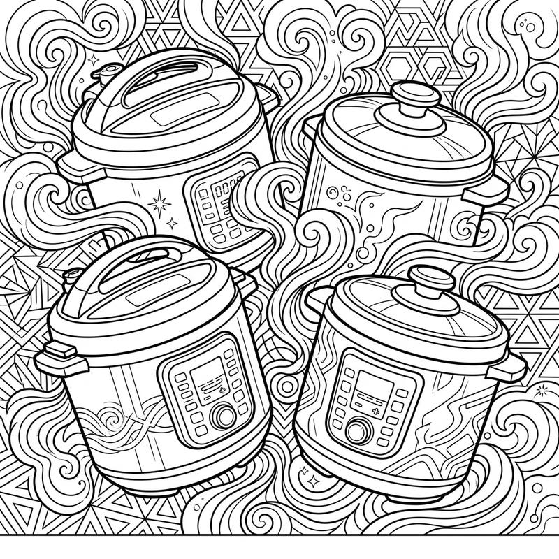 Unleash your creativity with this trendy coloring page featuring a collection of modern pressure cookers. Perfect for teens who love intricate designs and a touch of everyday tech.