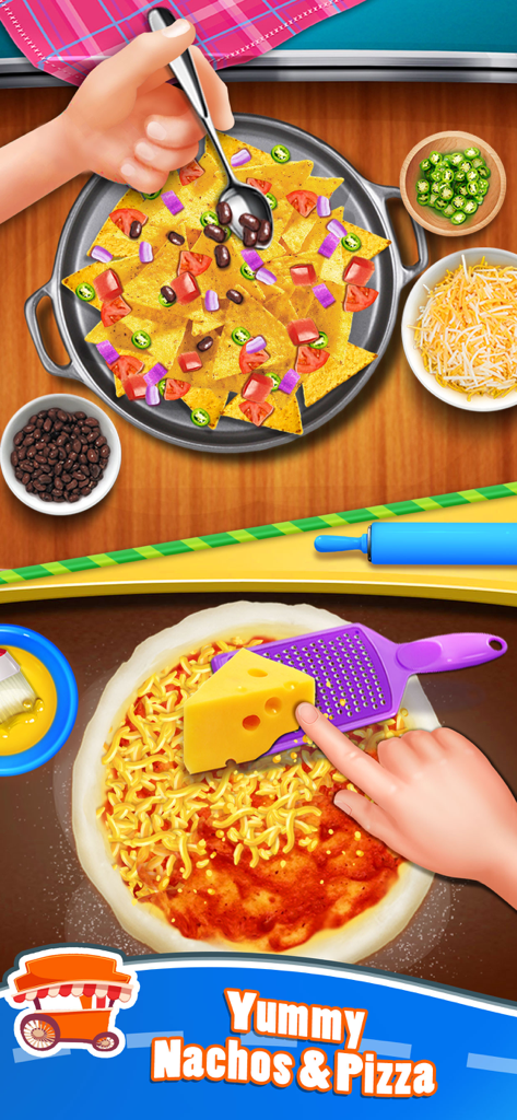 Food Games: Street Cooking - A mobile game screen showing interactive cooking steps for making nachos and pizza.