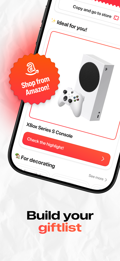 Draw Names - Secret Santa - Schermata di un'app mobile per Draw Names Babbo Natale Segreto che mostra una funzione lista dei desideri con una console Xbox e un badge di integrazione per lo shopping su Amazon.