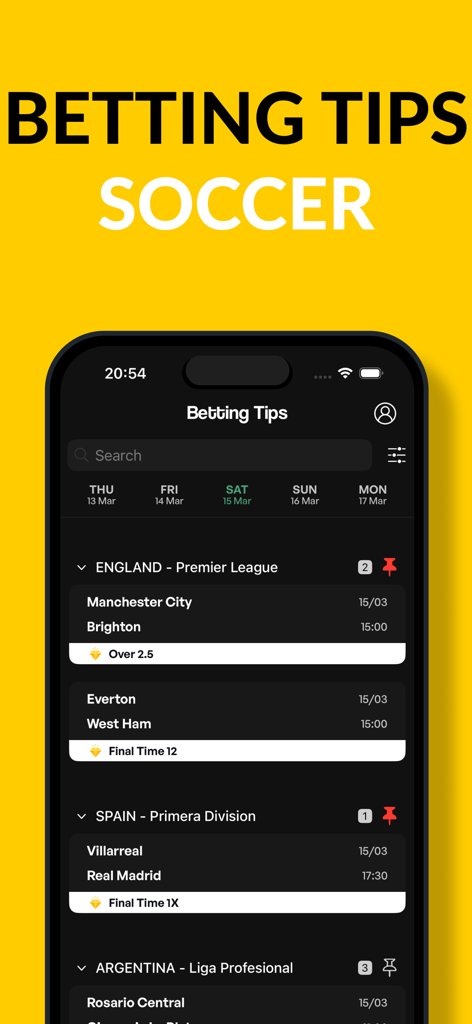 Betting Tips: Bet Predictions - 프리미어 리그 및 라 리가 축구 베팅 예측을 보여주는 모바일 앱 화면